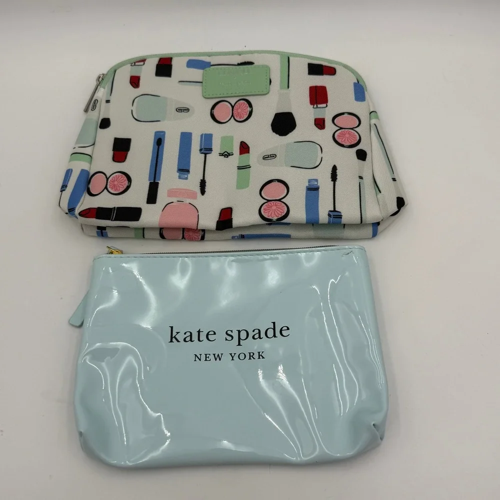 Kate Spade x Clinique Makeup Bag Set Blue Patent & Cosmetic Print 2 Piece Pouch